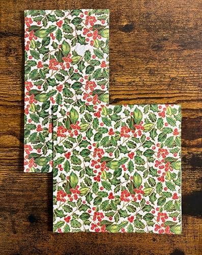 IHR Ideal Home Range Dinner Napkins Disposable 3-Ply Paper Hand Towels, 8.5" x 4.5", Holly, 16-Count