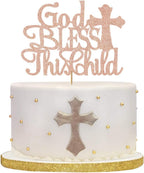 God Bless this Children Cake Topper, Rose Gold Glitter Baptism Cake Toppers for Girl Boy Christening, First Communion Baby Shower - Handmade (6.7'' x 4.8'')