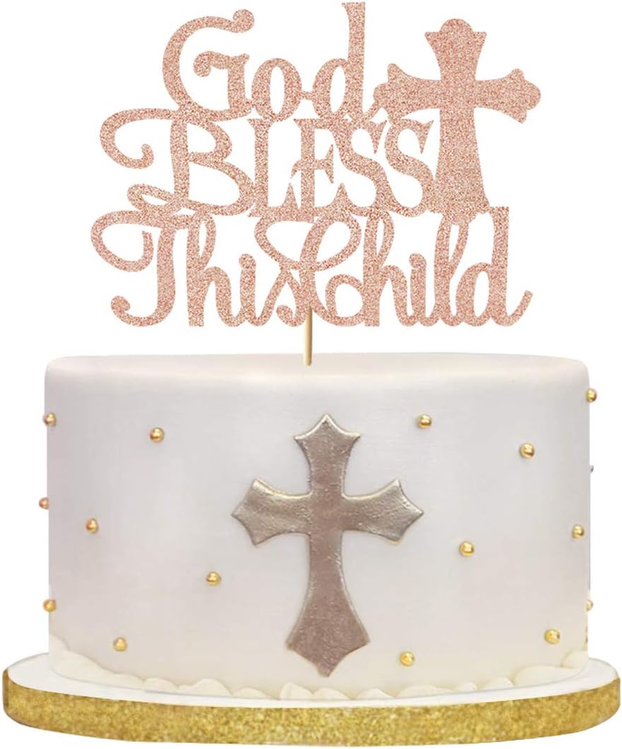 God Bless this Children Cake Topper, Rose Gold Glitter Baptism Cake Toppers for Girl Boy Christening, First Communion Baby Shower - Handmade (6.7'' x 4.8'')