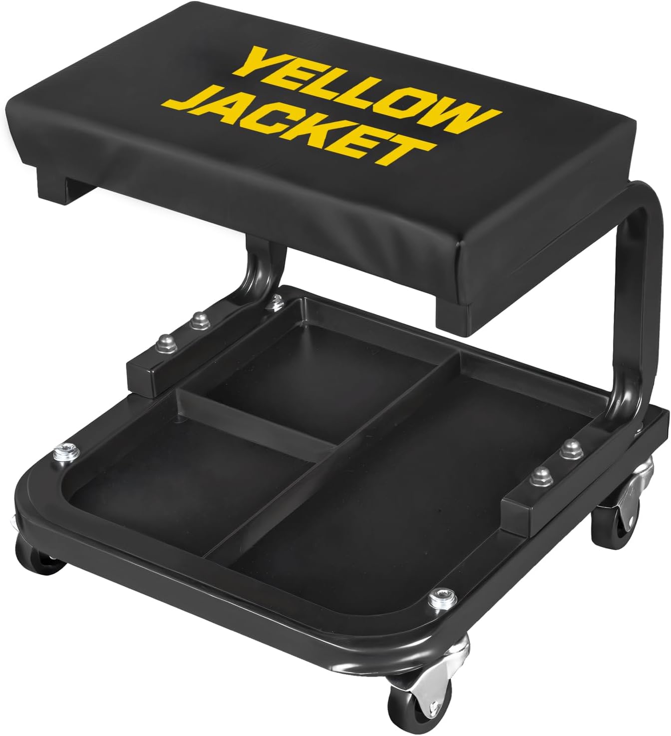 YELLOW JACKET Mechanic Rolling Stool 250 Lbs Capacity, Garage Stool on Wheels with Tool Tray Storage, Work Stools with Wheels for Garage, Shop, Mechanic Chair with Wheels, Auto Repair