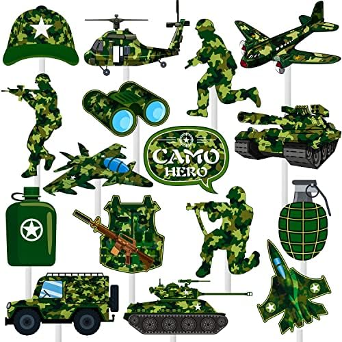 Camoufalge Birthday Party Cake Topper Camo Cupcake Toppers Camo Gree Happy Birthday Cake Decoration for Army Soldier Military Theme Baby Shower Supplies