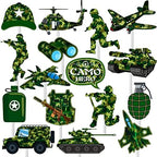 Camoufalge Birthday Party Cake Topper Camo Cupcake Toppers Camo Gree Happy Birthday Cake Decoration for Army Soldier Military Theme Baby Shower Supplies