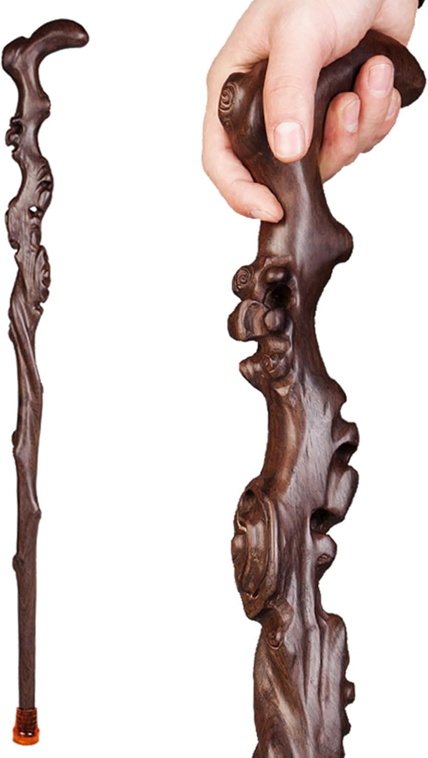 Bahu Wood Carved Crutch, Handmade Wooden Cane for Men and Women, Fashionable Comfortable Handle Walking Sticks, Retro Cane, Exquisite Carving Walking Canes as Gift (Brown1) (BH-1)