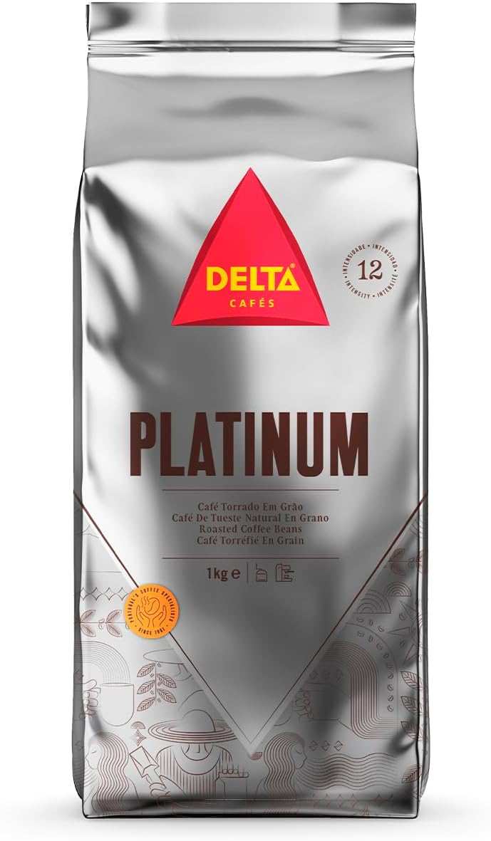 Delta Cafés Platinum Whole Bean Coffee 1kg/35.2 oz – Arabica & Robusta Blend, Intensity 12, Full-Bodied Espresso Beans with Roasted Nut Notes
