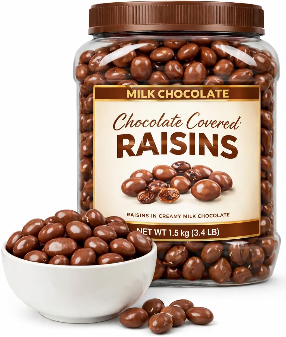 Milk Chocolate Covered Raisins, Creamy Chocolate Candy Snack, Bulk Resealable Jar, 3.4 lb