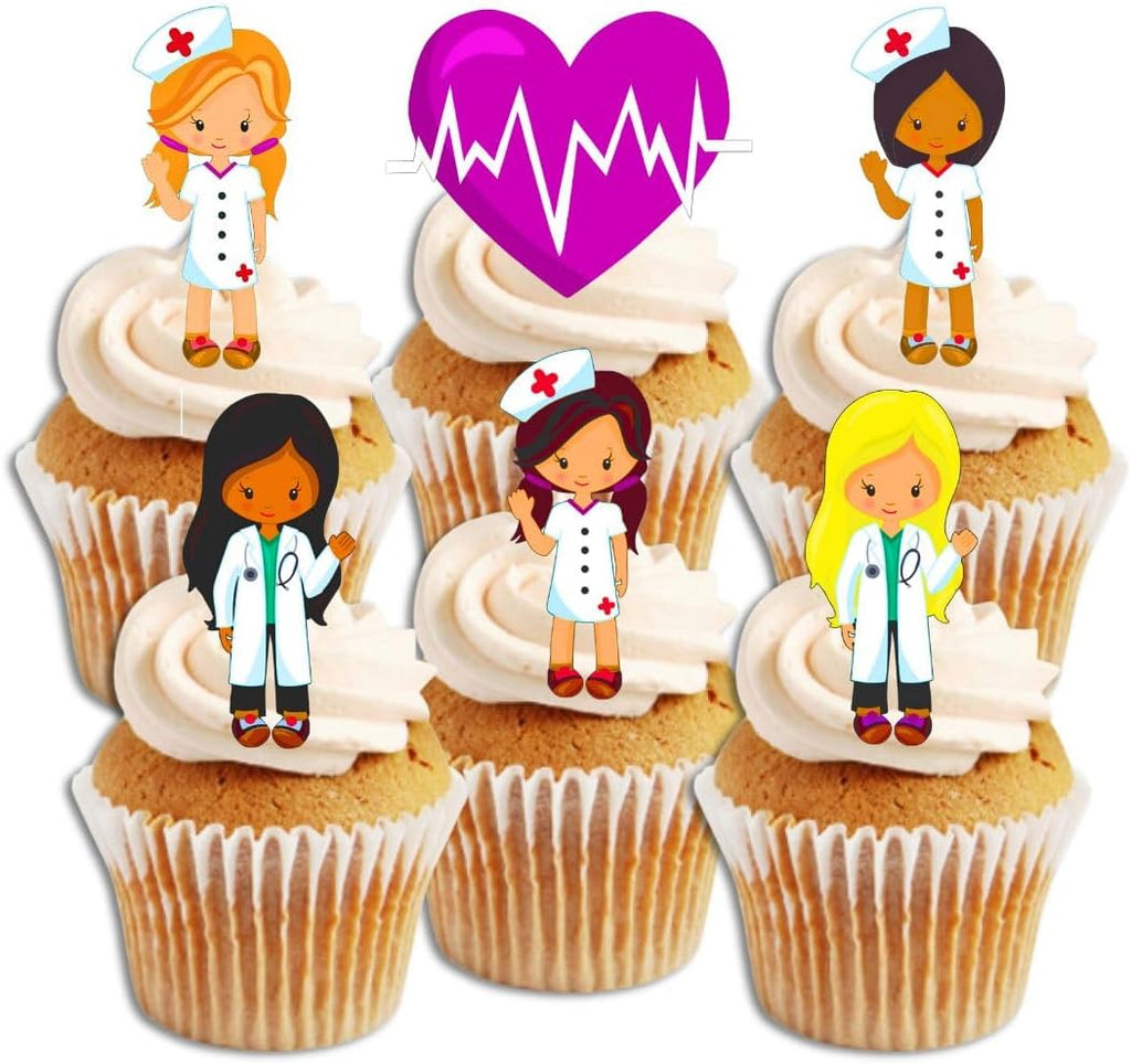 Girl Female Nurses Doctors Hospital Edible Cupcake Toppers - Stand Up Wafer Cake Decorations, Medical Graduation Decorations, Doctors Retirement Cookie Decor, 2 inch / 5cm (Pack of 24)