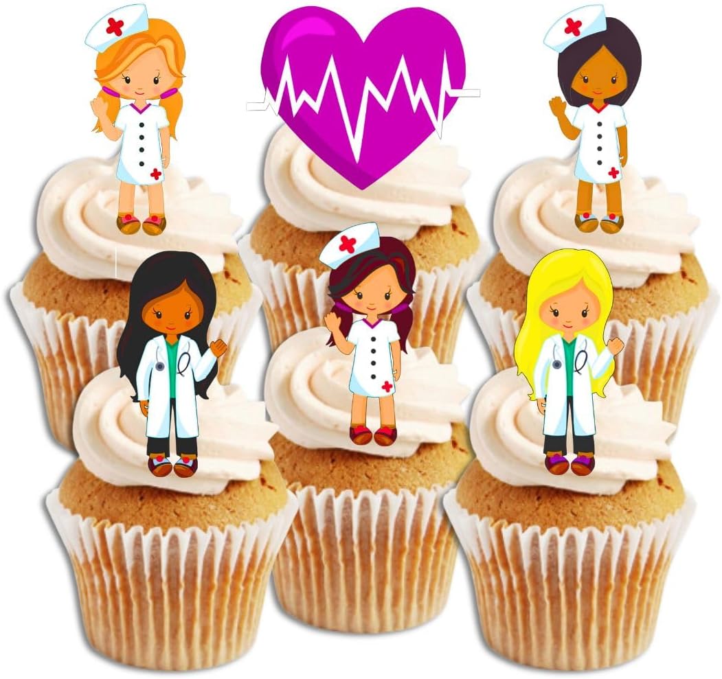 Girl Female Nurses Doctors Hospital Edible Cupcake Toppers - Stand Up Wafer Cake Decorations, Medical Graduation Decorations, Doctors Retirement Cookie Decor, 2 inch / 5cm (Pack of 12)