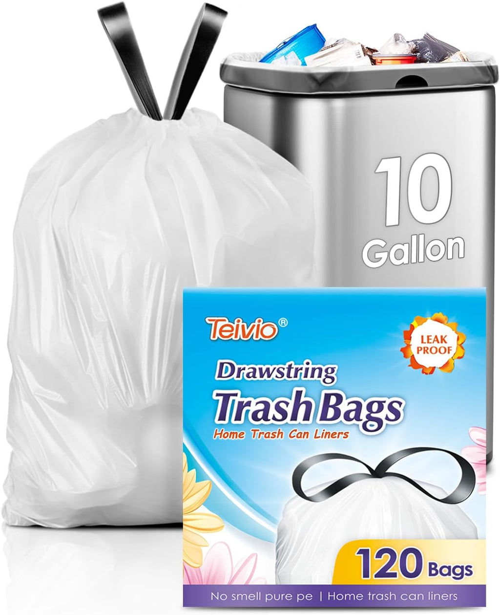 10 Gallon 120 Counts Strong Drawstring Trash Bags Garbage Bags by Teivio, Bathroom Trash Can Bin Liners, Plastic Bags for home office kitchen, White