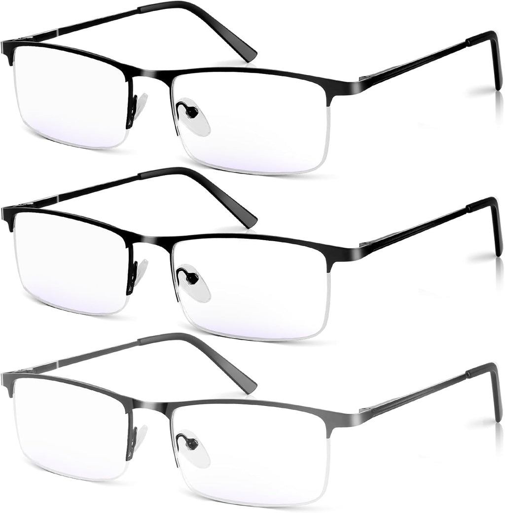 3 Pack Blue Light Blocking Reading Glasses for Men, Stylish Half Frame Metal Computer Readers, Lightweight Spring Hinge Eyeglasses Anti Eyestrain/Glare/UV (2PCS Black+1PCS Gray,+2.5)