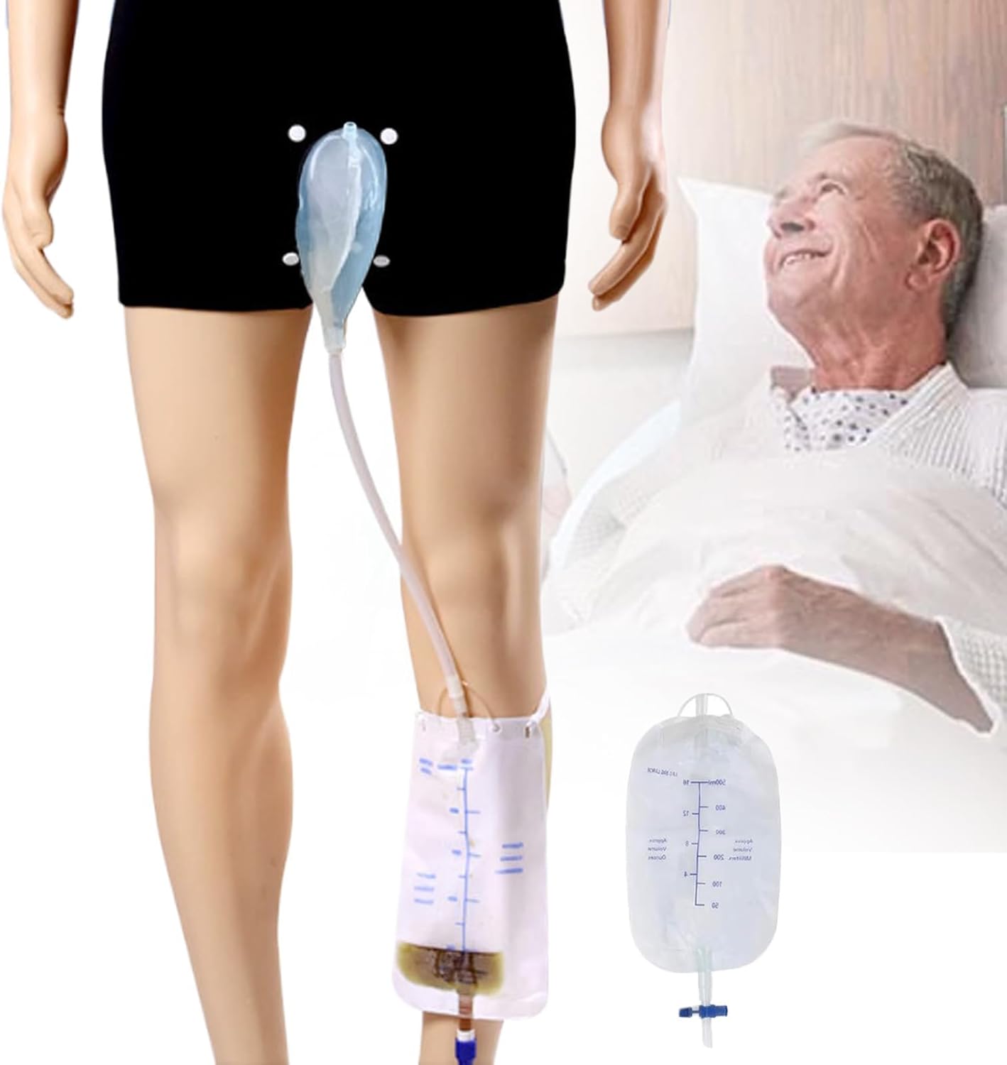 Urine Bags for Men - Wearable urinals for Men - Condom Catheters for Men - Reusable Portable Silicone Urinal with 2 Urine Catheter Bags (L)