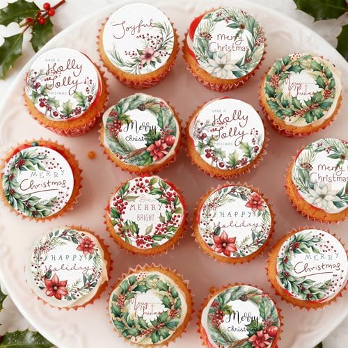 36PCS Edible Merry Christmas Cupcake Toppers Wafer Paper Holly Jolly Cupcake Toppers Holly Leaves Berry Cake Picks for Christmas Theme Party Baby Shower Birthday Supplies