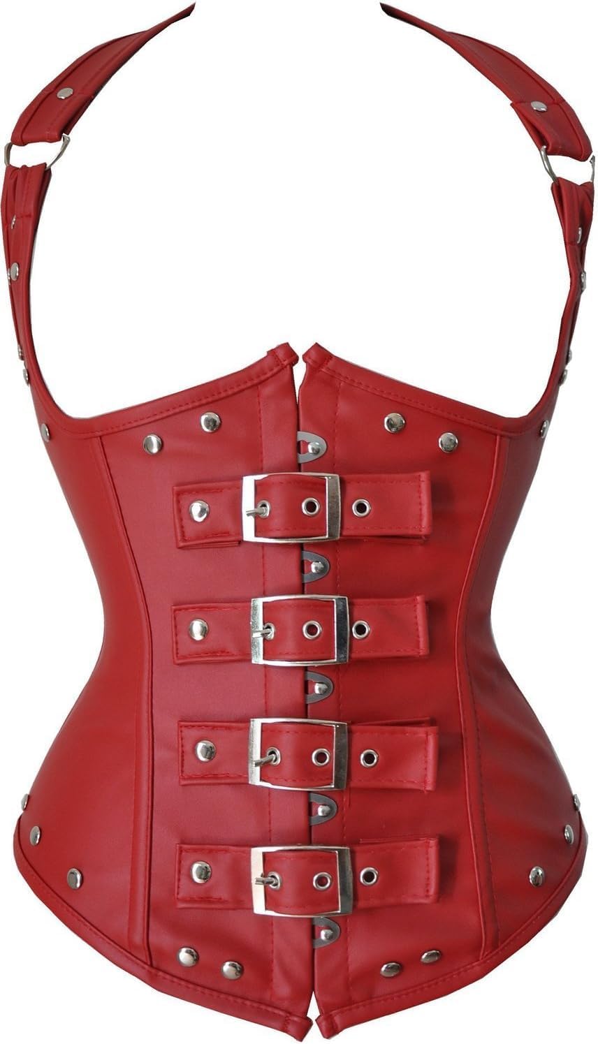 Women's Steampunk Faux Leather Bustier Halter Shoulder Straps Underbust Corset Top