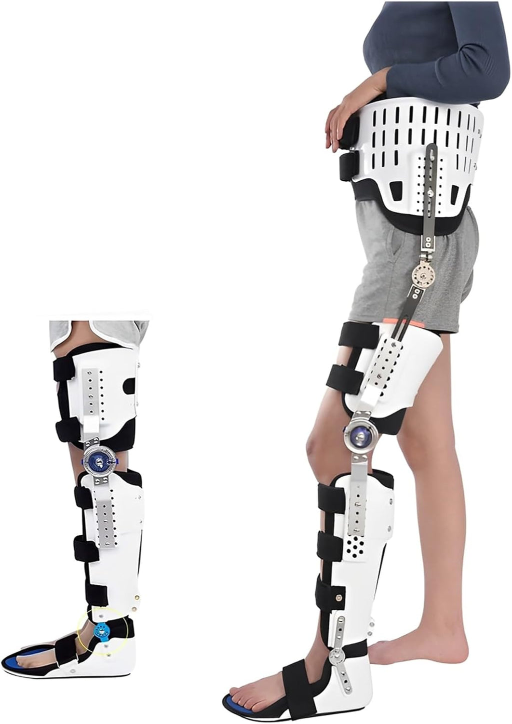 Knee Support Brace Adjustable Hip Knee Ankle Foot Joint Fixed Brace Full Leg Professional Foot Stabilizer Adjustable Hing Support with Removable Side for Walking with Shoe for Men and Women(Left,Mediu