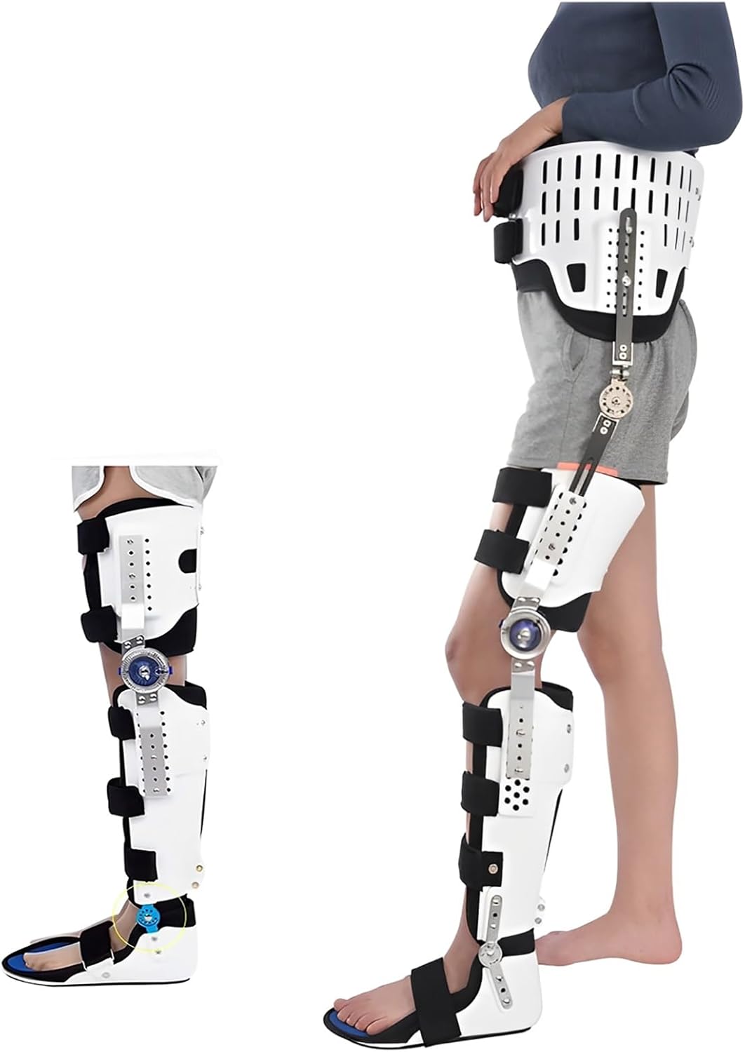 Knee Support Brace Adjustable Hip Knee Ankle Foot Joint Fixed Brace Full Leg Professional Foot Stabilizer Adjustable Hing Support with Removable Side for Walking with Shoe for Men and Women(Left,Mediu
