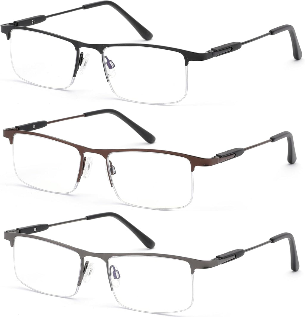 3 Pack Blue Light Reading Glasses for Men & Women, Semi-Rimless Lightweight Metal Readers, Spring Hinge Eyeglasses
