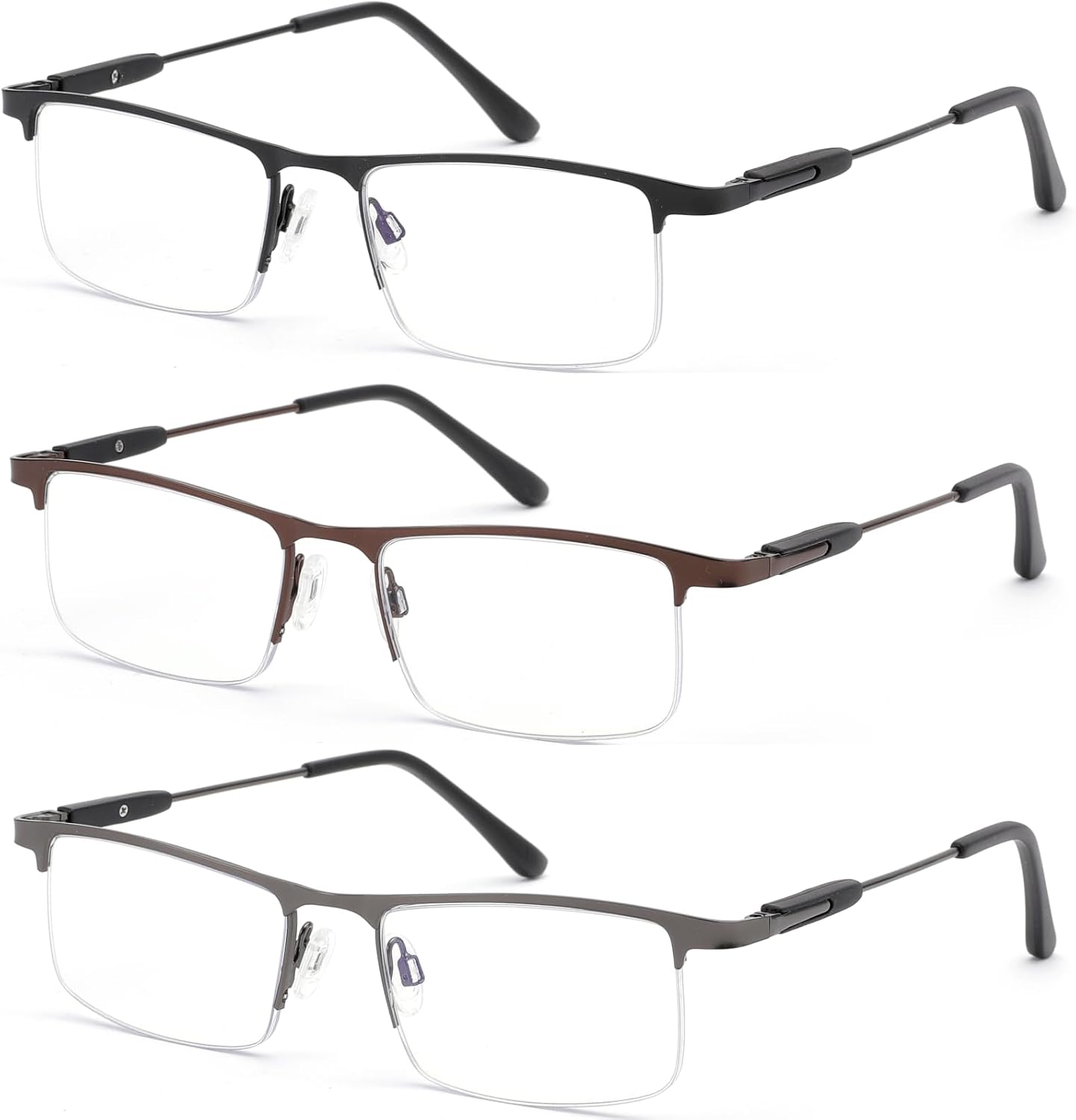 3 Pack Blue Light Reading Glasses for Men & Women, Semi-Rimless Lightweight Metal Readers, Spring Hinge Eyeglasses