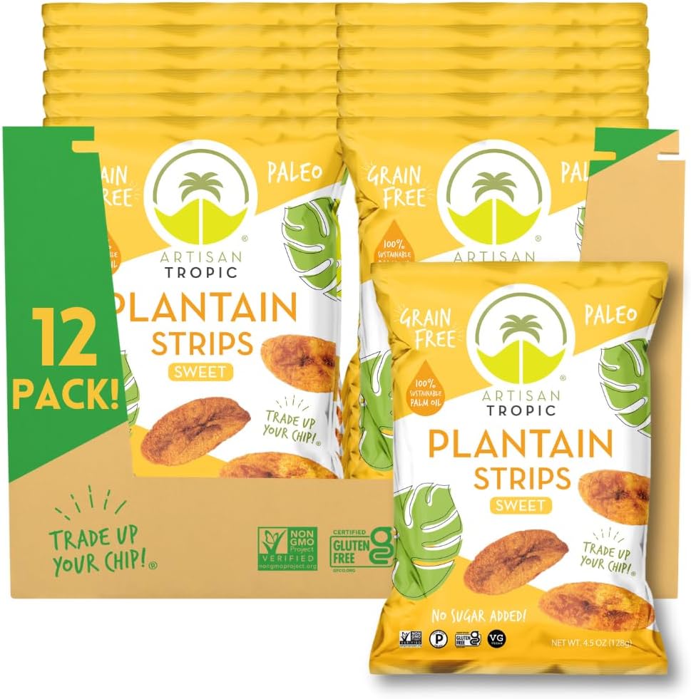 ARTISAN TROPIC Plantain Strips Naturally Sweet - 12 Pack, 4.5oz - Vegan, Paleo, Gluten Free Chips – Whole 30 Approved Foods Non-GMO Healthy Snack for Lunches, Dipping, Parties – Baked Banana Chips