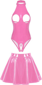 Women Pu Leather Lingerie Outfits Chest Hollow Out Bodysuit with Miniskirt for Clubwear