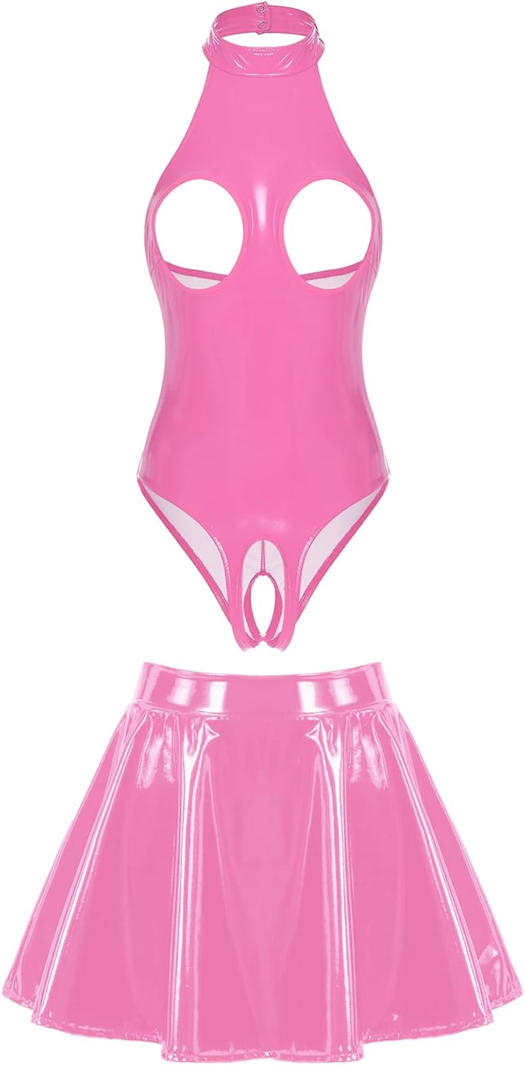 Women Pu Leather Lingerie Outfits Chest Hollow Out Bodysuit with Miniskirt for Clubwear