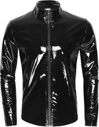 Panegy Men's Liquid Shiny Leather Shirt Jacket Slim Fit Wetlook Party Nightout Club 70s/80s Disco Blouse Tshirt