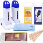Double Depilatory Roll on Wax Heater Roller Warmer Cartridge Strips Hair Removal Kit with ON/OFF Switch (Honey & Lavender Wax & 200 Paper)