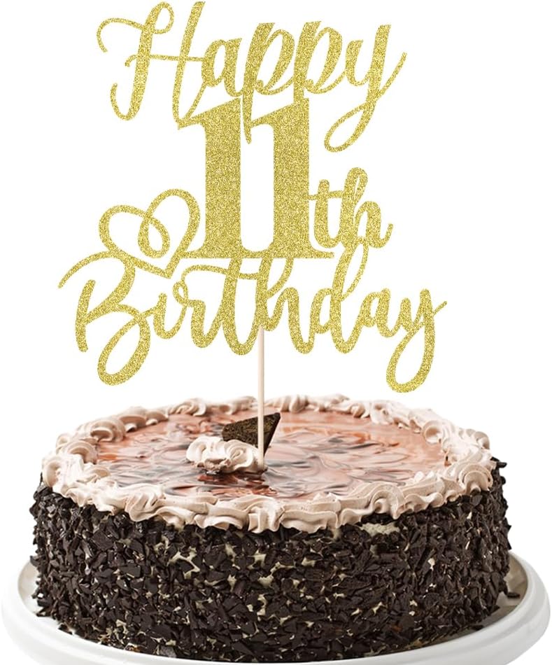 Glitter Happy 11th Birthday Cake Topper,Cheers to 11 Years,happy 11th Birthday Cake Topper,11th Anniversary Cake Topper， men and women 11 years old happy birthday Party Decoration(11th Gold)