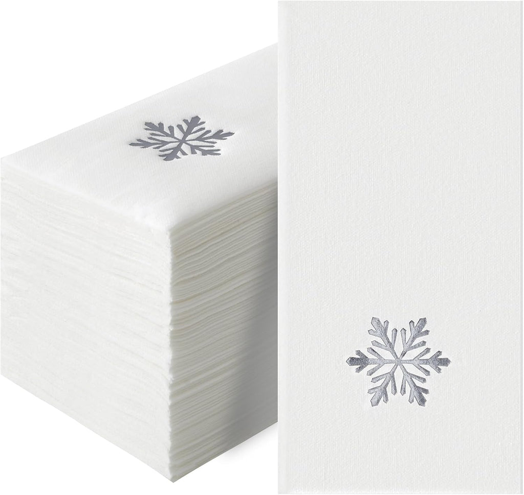 50 Pack Silver Snowflake Napkins, Linen-Feel Disposable Guest Towels Winter Snow Napkins for Elegant Dinner Party Table Decor