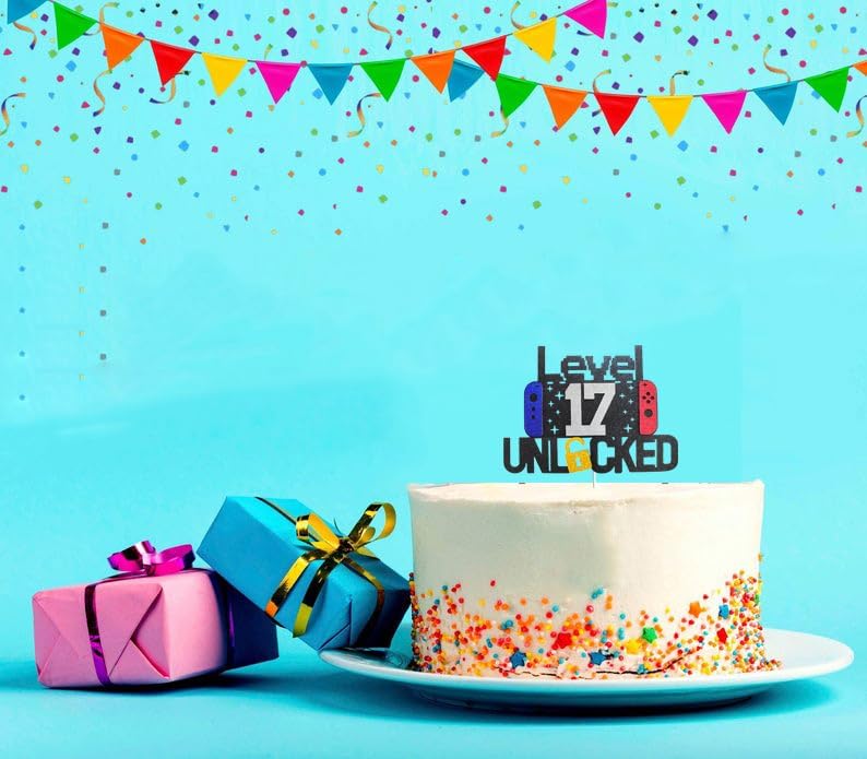 Happy 17th Birthday Video Game Cake Topper Level 17 Unlocked Cake Topper for Boys Girls 17-Years-Old Birthday Party Decoration (17)