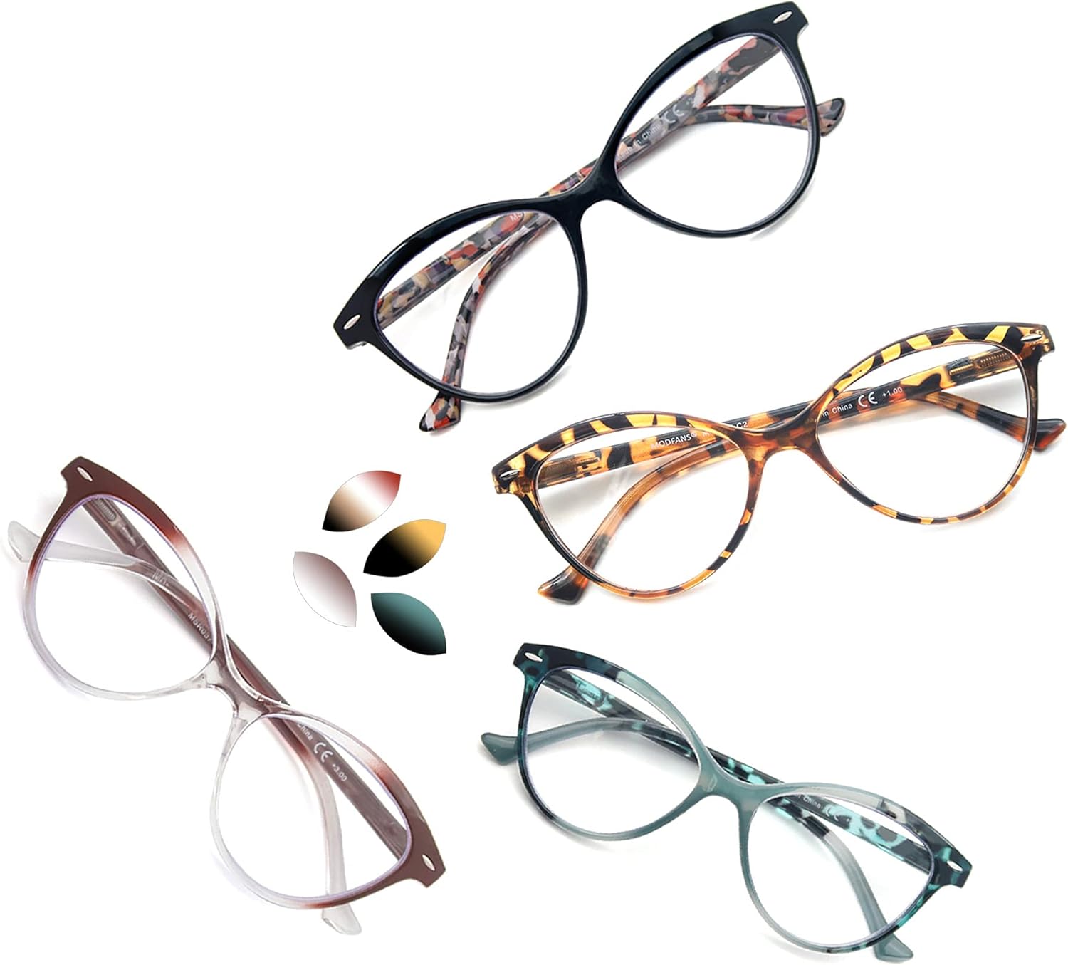 MODFANS 4 Pack Cat Eye 1.25 Reading Glasses for Women,Fashion Ladies Design Comfortable Spring Hinge Stylish 4 Pair Women Readers with 4 Pouch