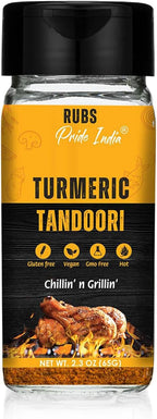 Pride of India Turmeric Tandoori Rub | Bold Smoky Golden Flavor | Gourmet Indian Spice Blend | Ideal for Marinating, Seasoning & Grilling | Includes Dual Sifter Cap | Vegan, Gluten-Free, Non-Bioengineered | 2.3 oz
