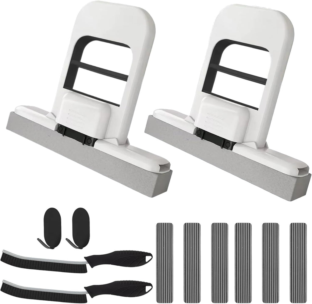 2 Pcs Mini Mop for Small Spaces, Foldable Self-Squeeze Wet and Dry Sponge Mop, Black Portable Cleaning Small Mop for Desktop, Kitchen Counter, Bathroom Tile, Glass-with 6 Pads ,2 Brushes, and 2Hooks