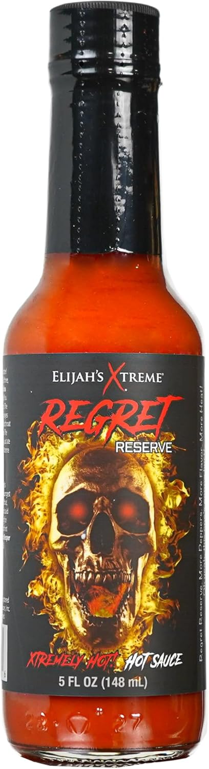 Elijah's Xtreme Regret Reserve Hot Sauce - Carolina Reaper, Trinidad Scorpion, and Habanero Pepper - 5oz bottle contains 70% of the hottest peppers in the world