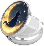 Night Cat Moon Pill Case, Pill Box 3 Compartments Metal Small Pill Holder with Mirror Mini Travel Pill Container for Purse Pocket Women Men