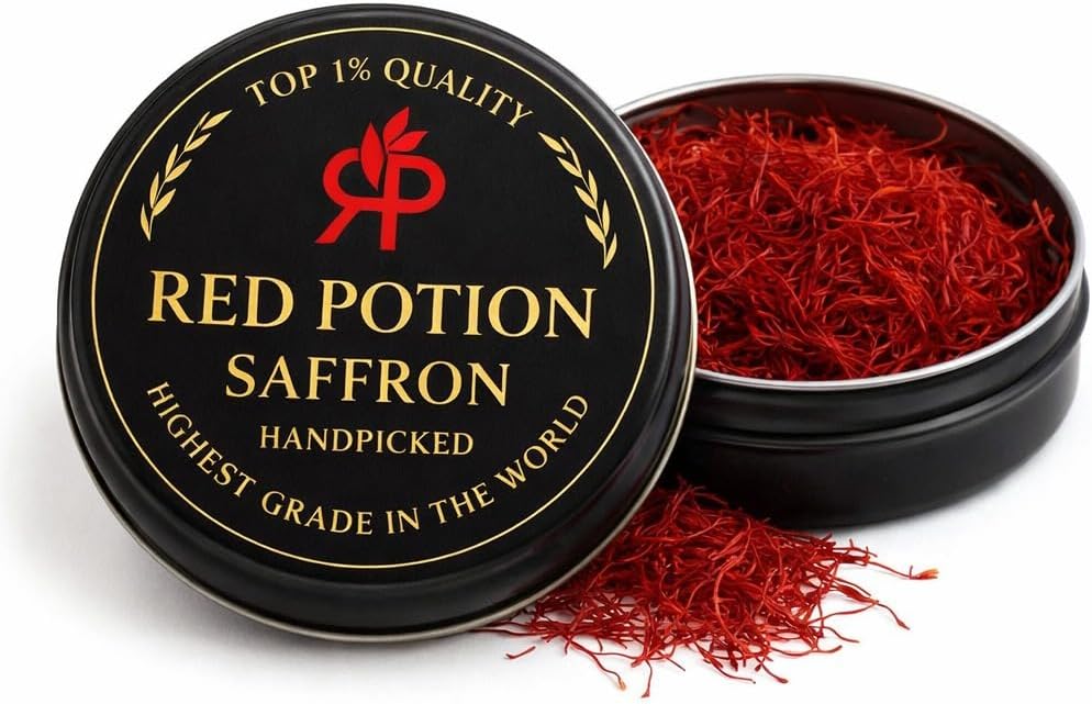 Red Potion Saffron, Kashmiri Premium Saffron Threads, Grade AAA+ Super Negin, Non-GMO. For Tea, Paella, Rice, Desserts, Golden Milk, and Risotto (2 Grams)