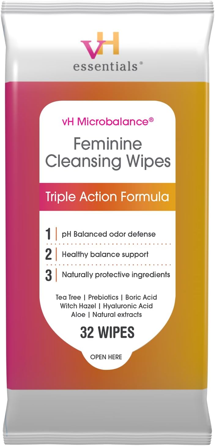 vH essentials Feminine Cleansing Wipes 32 ct. pH Balanced, Prebiotics, Tea Tree & Aloe, Soothing Witch Hazel, Odor-Blocking Formula, Vaginal and Perianal Care, Paraben, Alcohol, and Fragrance-Free