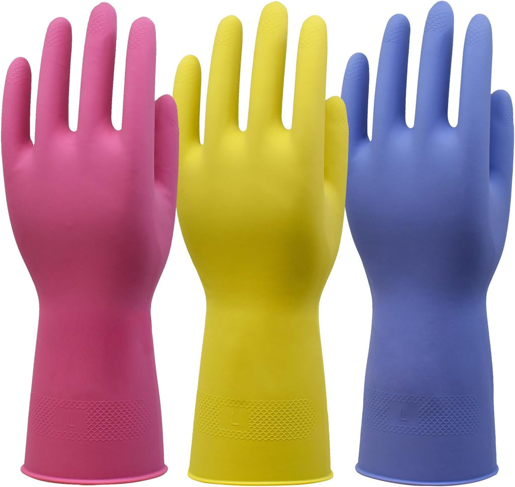 Rubber Kitchen Cleaning Gloves, Reusable Dishwashing Gloves, Non-Slip, with Flocked Liner, 3 Pairs (Pink+Yellow+Blue) (Large)