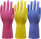 Rubber Kitchen Cleaning Gloves, Reusable Dishwashing Gloves, Non-Slip, with Flocked Liner, 3 Pairs (Pink+Yellow+Blue) (Large)