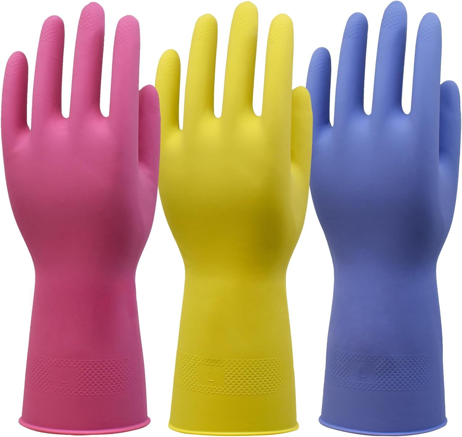 Rubber Kitchen Cleaning Gloves, Reusable Dishwashing Gloves, Non-Slip, with Flocked Liner, 3 Pairs (Pink+Yellow+Blue) (Large)