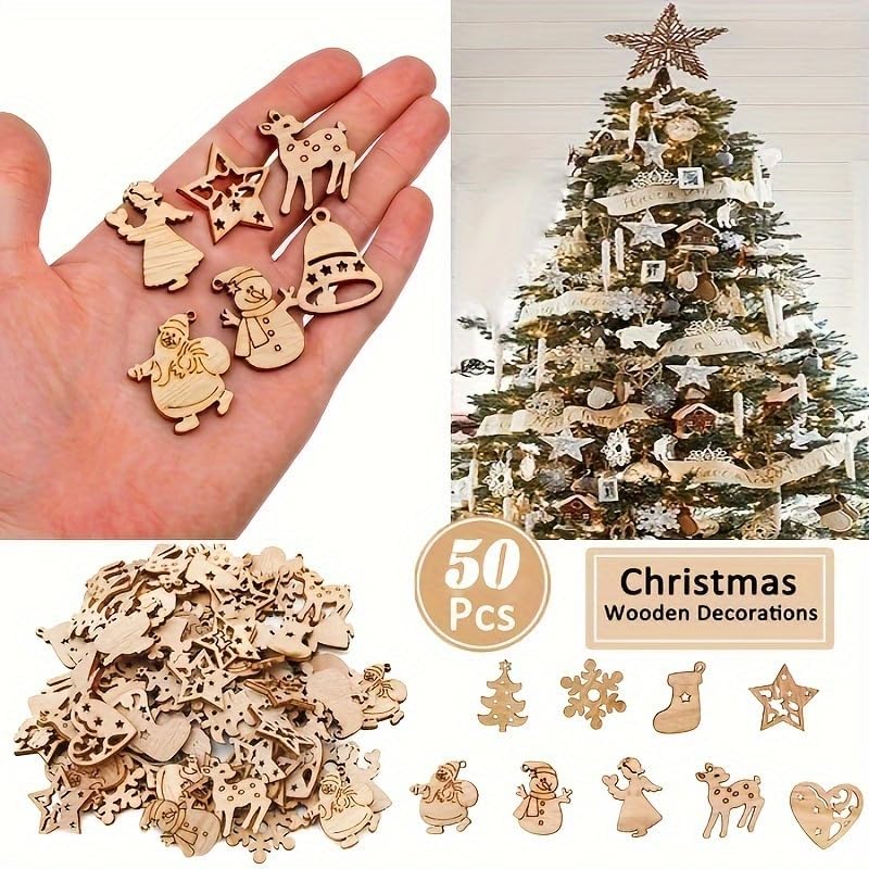 50-Piece Classic Christmas Hanging Ornaments Set - Santa Claus, Snowman, Reindeer, Christmas Tree, Snowflakes & More Designs for Festive Decoration