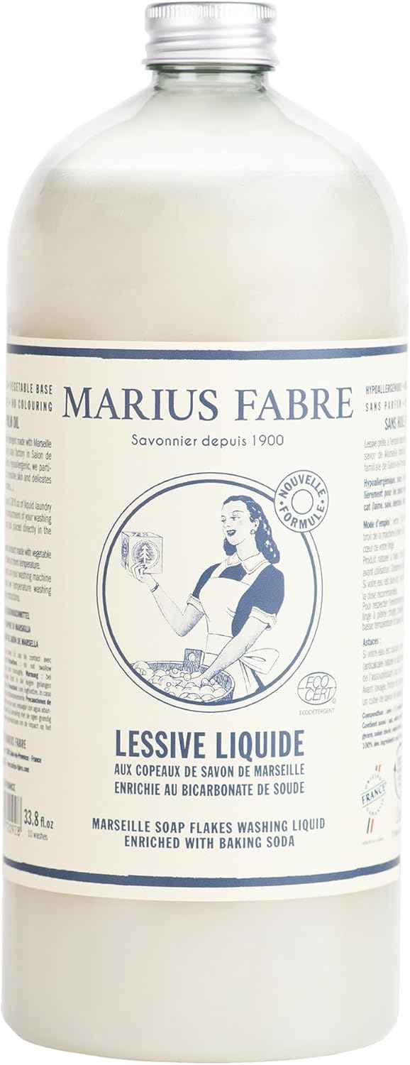 Marius Fabre 100% Marseille Soap Flakes Liquid Detergent with Baking Soda - 1L (33.8 fl oz) - Hypoallergenic