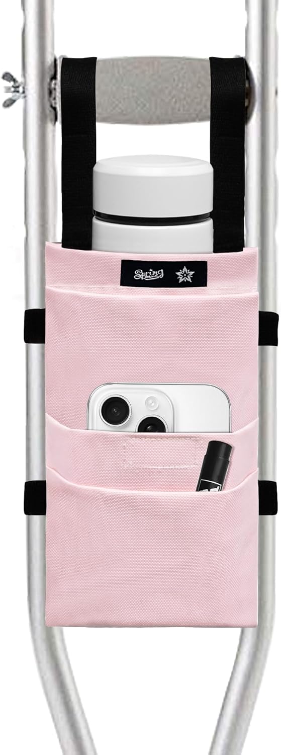 SPRING SEAON Crutch Bag Water-Resistant Pouch Lightweight Accessory Storage Carry Kit Cup and Bottle Pocket Holder Crutches Accessories for Kids, Men, Women Pink