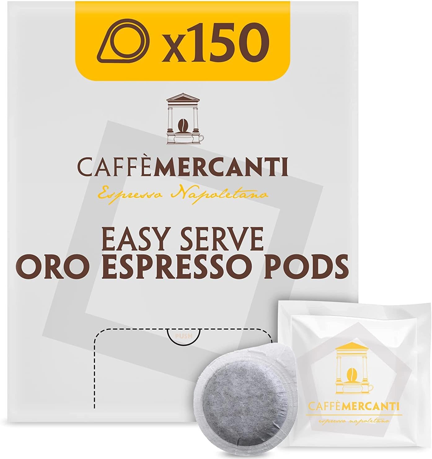 Caffe Mercanti ESE (Easy Serve Espresso) Oro Italian Coffee Pods in Filter Paper - 44mm, 150 Pods - Italiano Caffe Filter Paper - Non-GMO