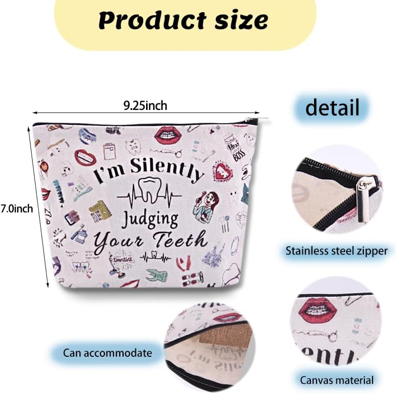 yaozeio Dental Hygienist Gifts for Women Makeup Cosmetic Bag for Women Girls Dentist Assistant Bags Dental Hygiene Student Gifts Zipper Make Up Pouches I'm Silently Judging Your Teeth Bag