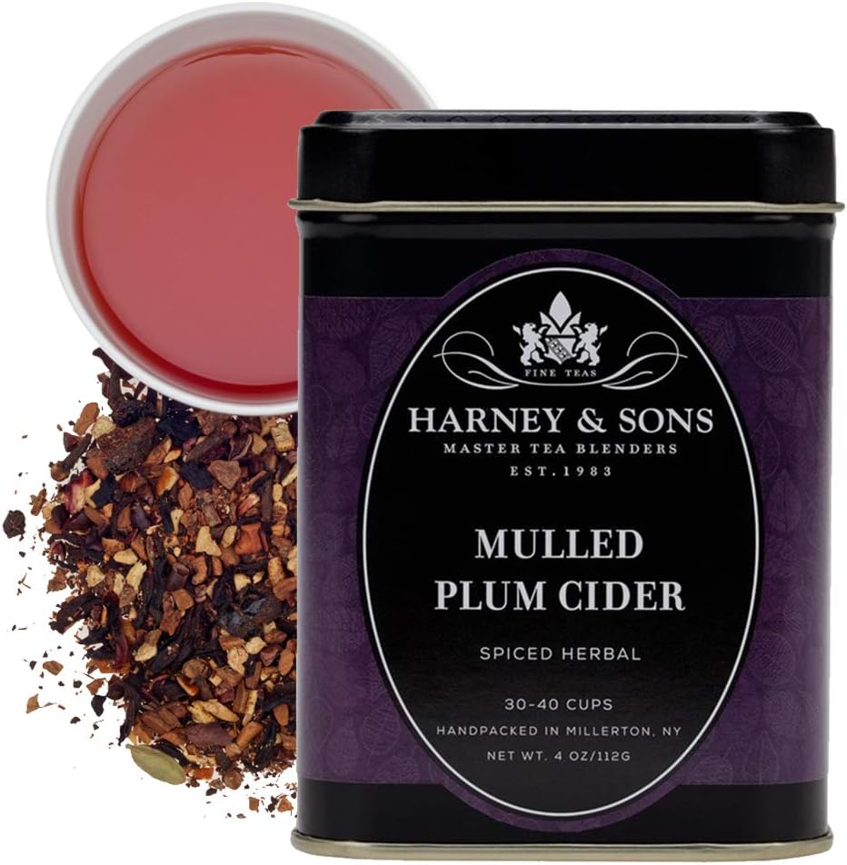 Harney & Sons Mulled Plum Cider, 4oz Loose Leaf Herbal Tea with Cinnamon, Rooibos, Apple Pieces, and Plum