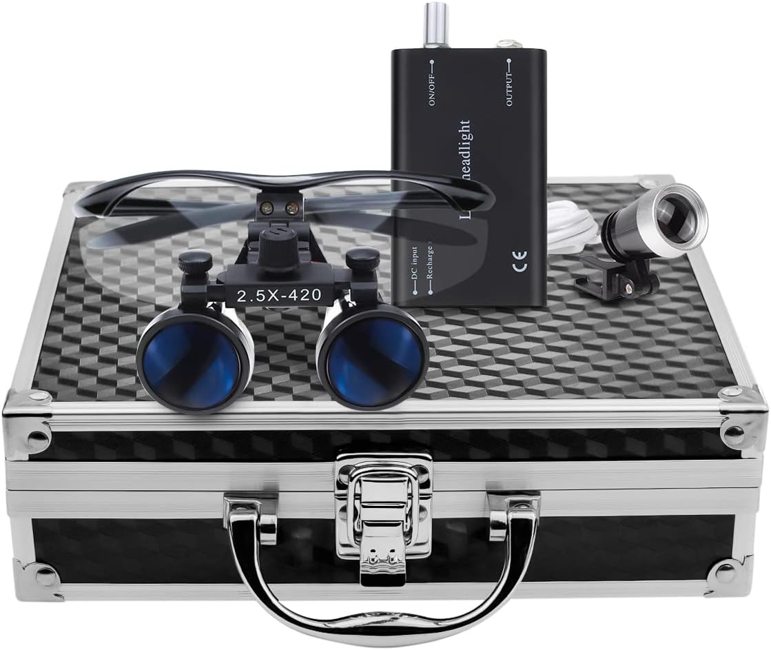 BoNew Portable 2.5X Loupes Optical + 3W Head Lamp Light Black Aluminum alloy box