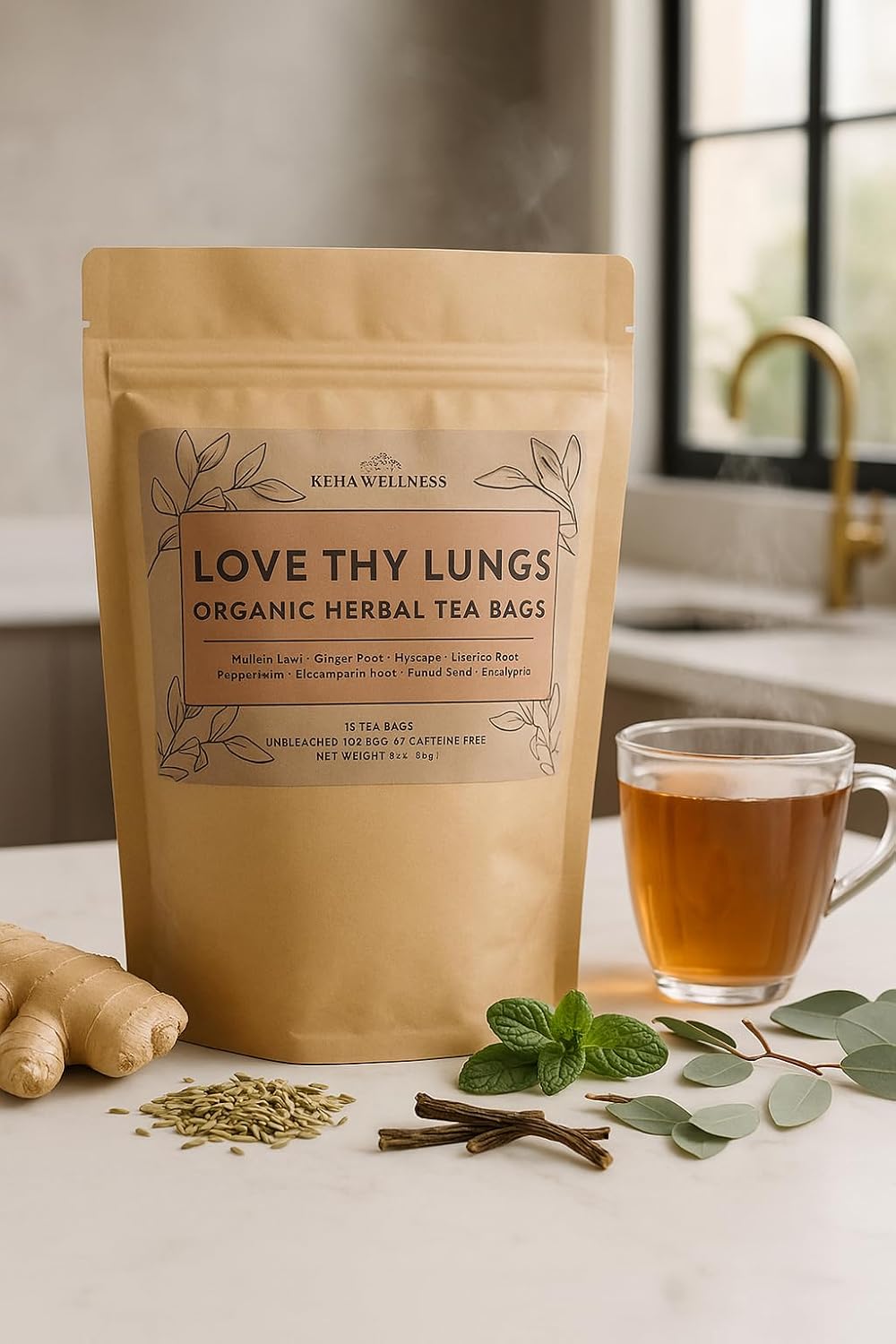 Keha Wellness Organic Love Thy Lungs Herbal Tea Bags, 15 Extra Full and Flavorful Tea Bags, Lung Cleanse and Health Tea, Respiratory Support, Caffeine Free, Made in the USA