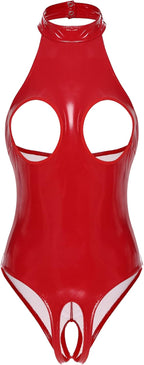 YiZYiF Women's Sleeveless Wet Look Glossy Patent Leather Catsuit Hollowing Out High Cut Bodysuit