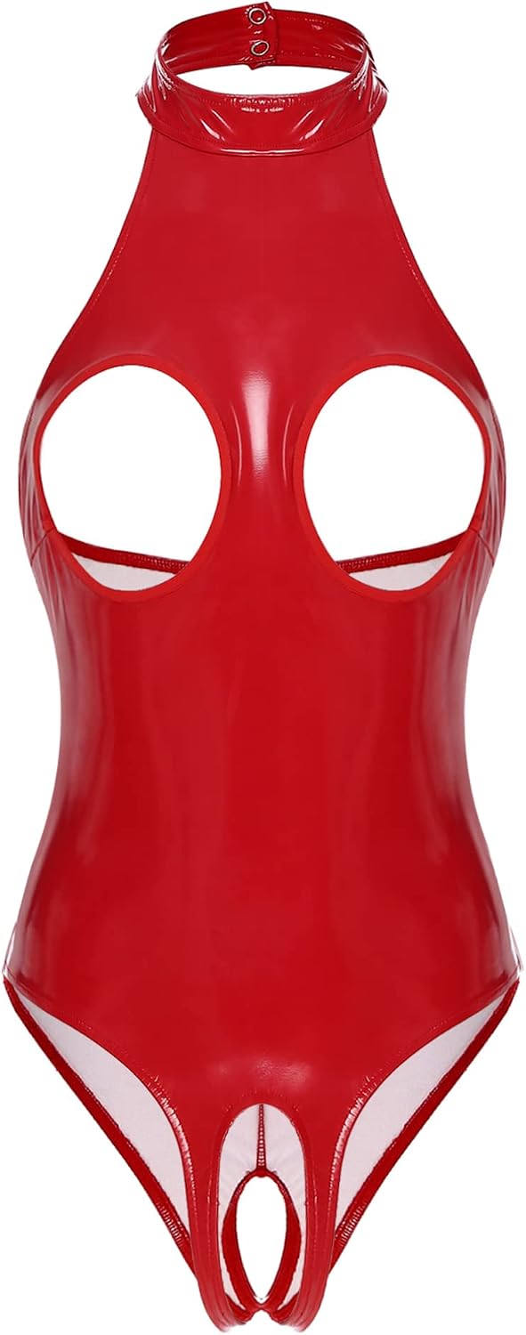 YiZYiF Women's Sleeveless Wet Look Glossy Patent Leather Catsuit Hollowing Out High Cut Bodysuit