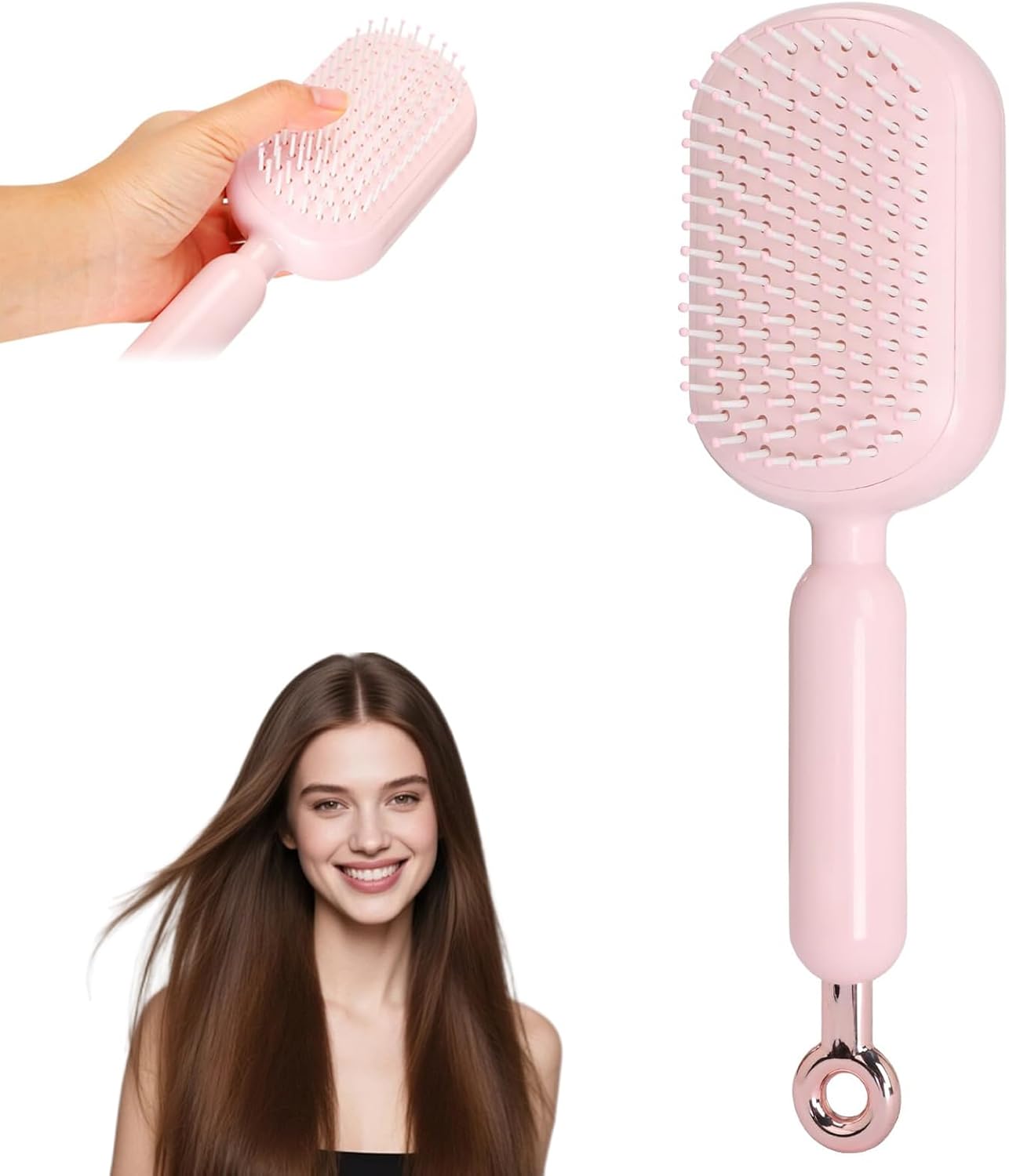 Self Cleaning Hair Brush, Retractable Cushion Massage Comb Brush, Air Cushion Comb, One-pull Clean Anti Static Brushs, Anti-tangle for All Hairs Types (Pink)