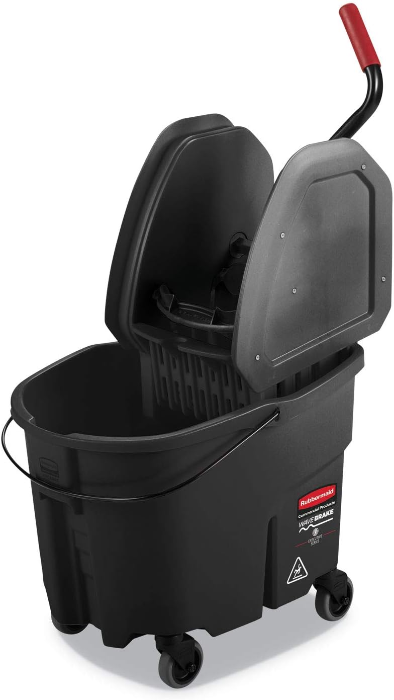 Rubbermaid Commercial Products WaveBrake 35 QT Down-Press Mop Bucket and Wringer Combo on Wheels with Dirty Water Bucket Black for Heavy-Duty Floor Cleaning